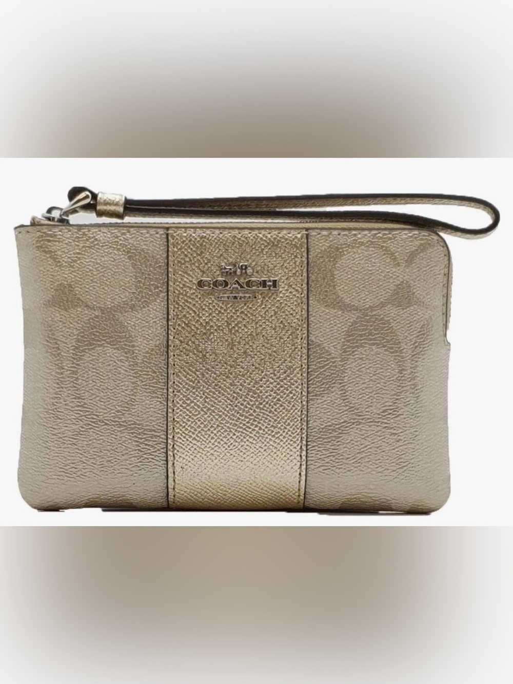 COACH NWT Platinum Silver Gold Stripe Saffiano Leather Signature Wristlet